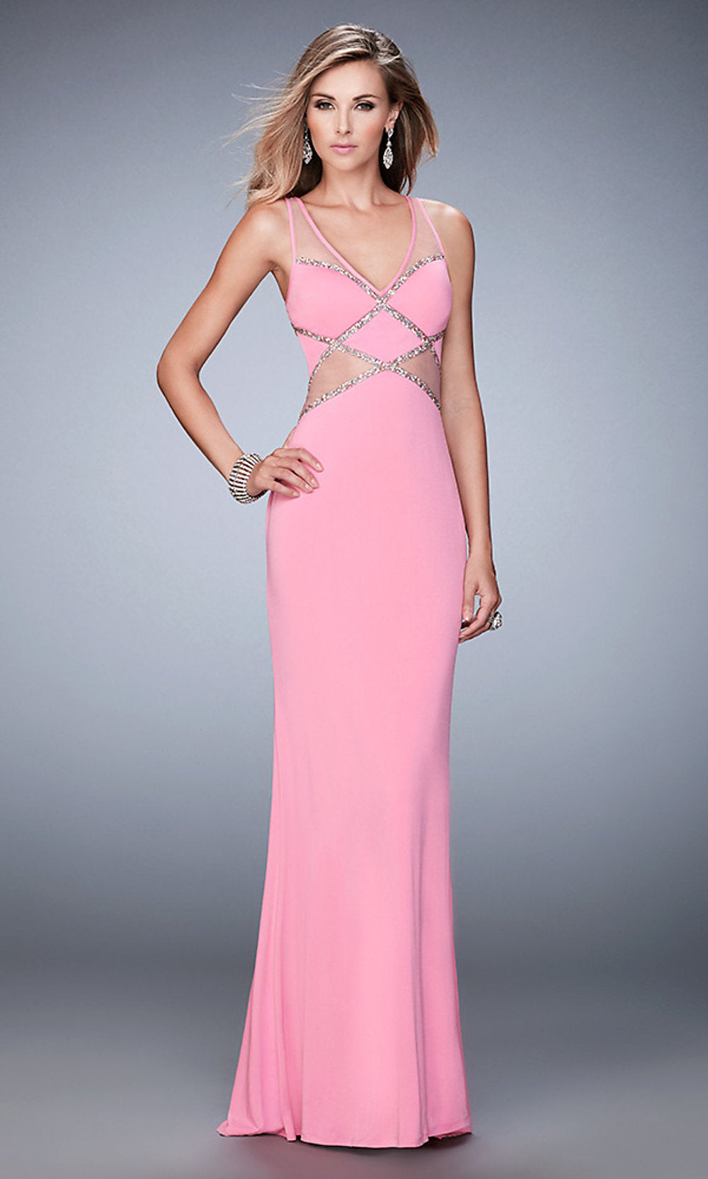 Pink La Femme Prom Dress with V-Neck and Open Back