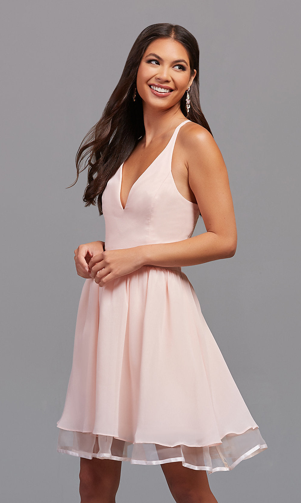 Pink Chiffon Short V-Neck Homecoming Dress with Lace Back