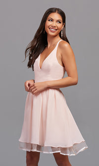 Pink Chiffon Short V-Neck Homecoming Dress with Lace Back