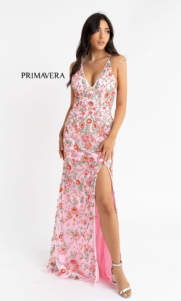 Pink Beaded Floral Print Primavera Long Prom Dress