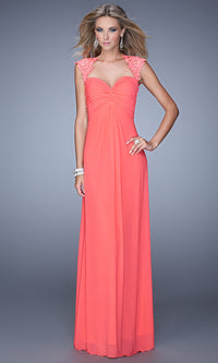 Pink Grapefruit Open-Back Empire-Waist Long La Femme Prom Dress