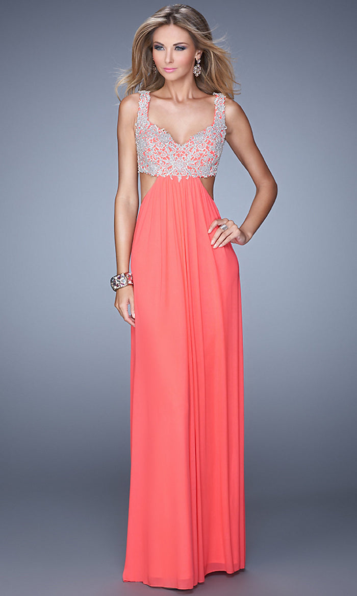 Pink Grapefruit Lace-Bodice Open-Back Long La Femme Prom Dress - Image