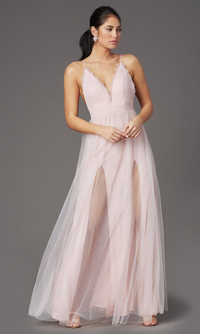 Pink Grapefruit Open-Back Long Tulle Formal Prom Dress by PromGirl