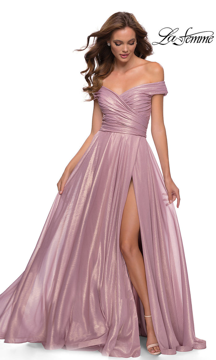 Pink Metallic Long Pink Metallic A-Line La Femme Prom Dress