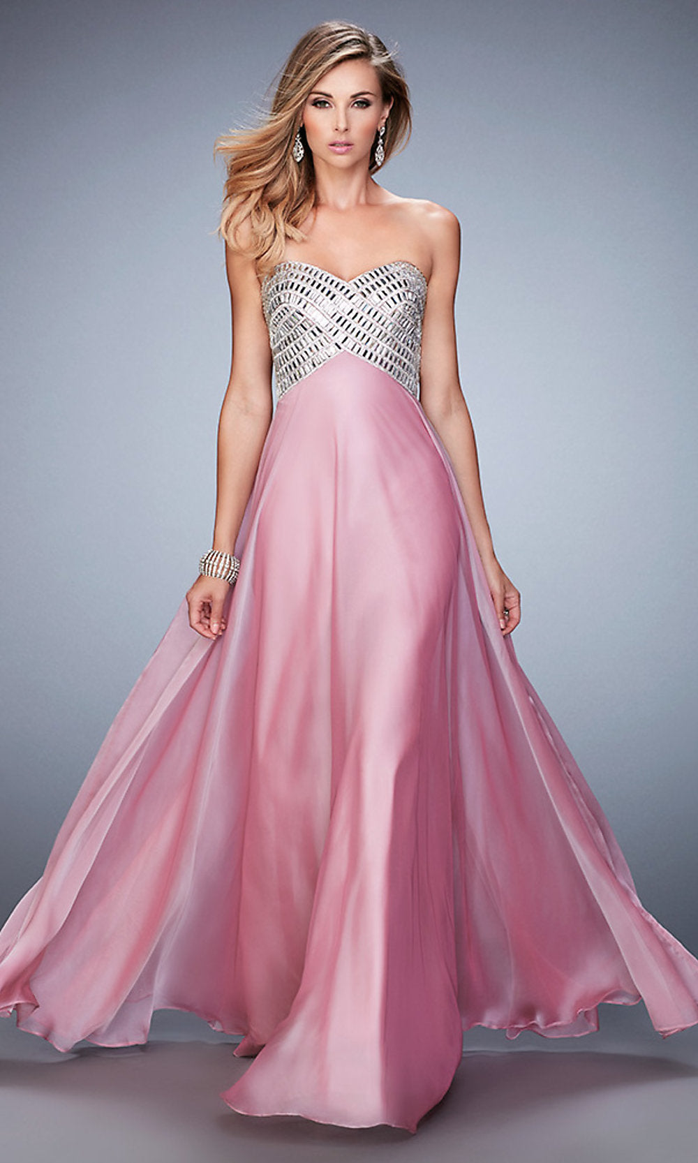 Pink Mist Floor Length Empire Waist Chiffon Open Back Gown by La Femme