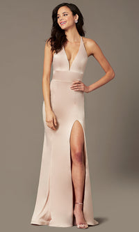 Pink Pearl Open-Back Long Satin Prom Dress by PromGirl