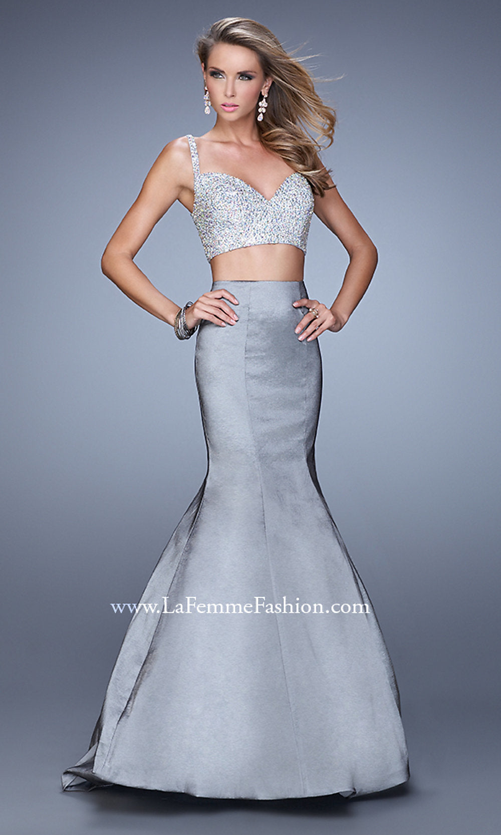 Platinum Beaded-Top La Femme Two-Piece Mermaid Prom Dress