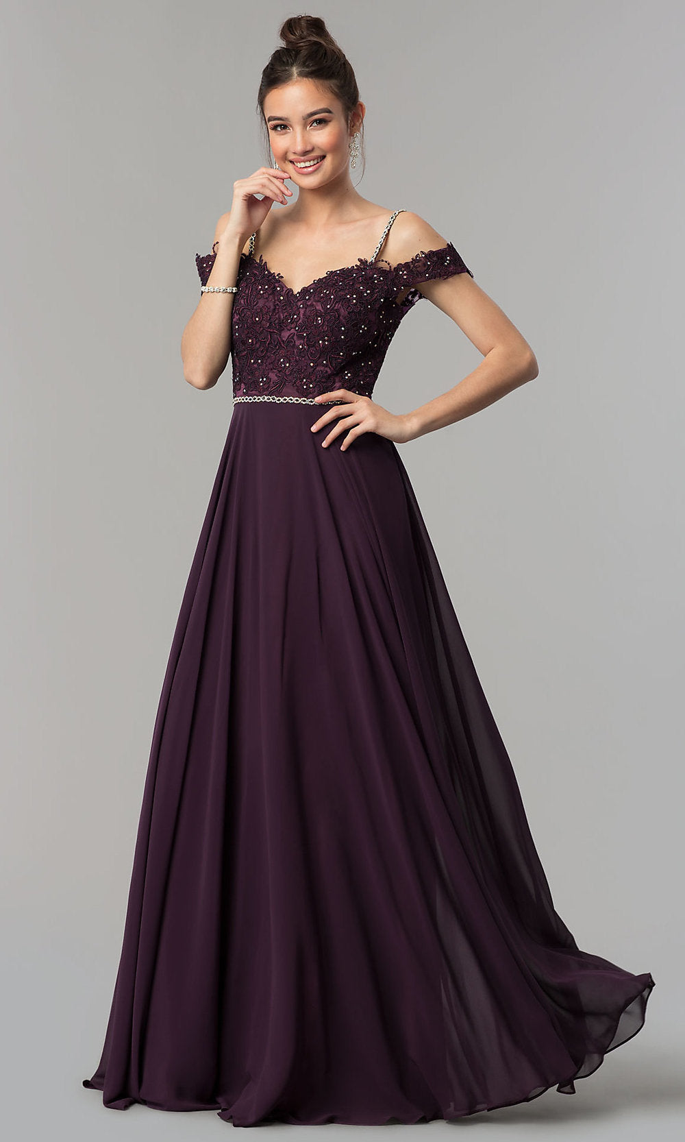 Plum Long A-Line Prom Dress with Embroidered Lace