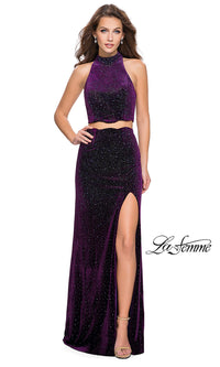 Plum High-Neck Two-Piece Velvet La Femme Prom Dress