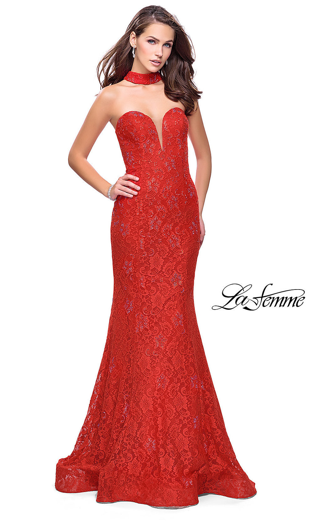 Poppy Red Long Strapless Open-Back La Femme Prom Dress