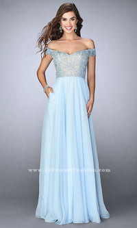 Powder Blue Lace Off-the-Shoulder Long Prom Dress