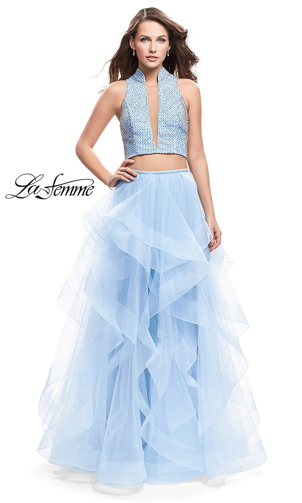 Powder Blue Open-Back Long Two-Piece La Femme Prom Dress