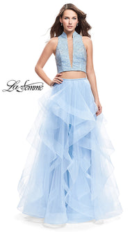 Powder Blue Open-Back Long Two-Piece La Femme Prom Dress