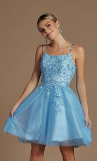 Powder Blue Embroidered A-Line Short Corset-Back Hoco Dress