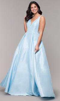 Powder Blue Long Satin A-Line Formal Gown with Sheer Sides