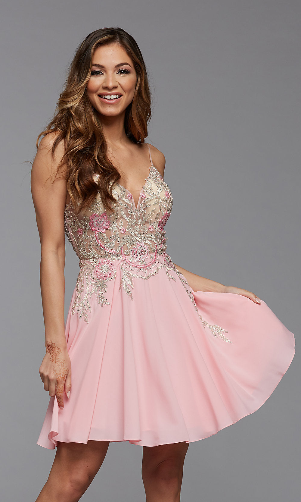 Pretty Pink Embroidered-Sheer-Bodice Short Prom Dress