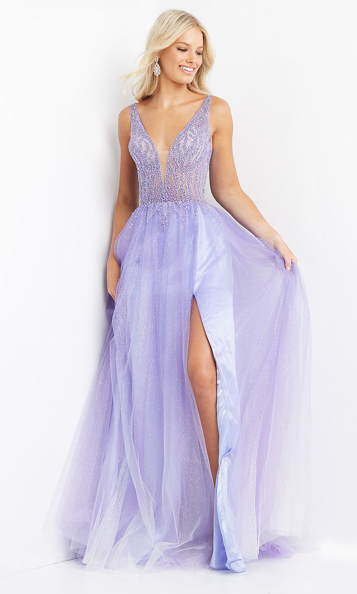 Purple JVN by Jovani Sheer-Bodice Long Purple Ball Gown