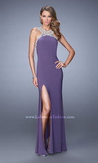 Purple Haze La Femme HIgh-Neck Open-Back Long Prom Dress