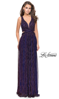 Purple/Multi Long Open-Back Illusion V-Neck Pleated La Femme Prom Dress