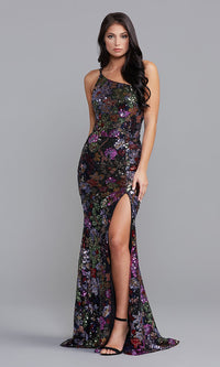Purple Multi Multicolor Sequin One-Shoulder Long Prom Dress