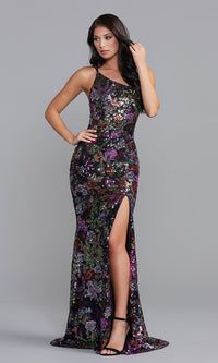  Multicolor Sequin One-Shoulder Long Prom Dress