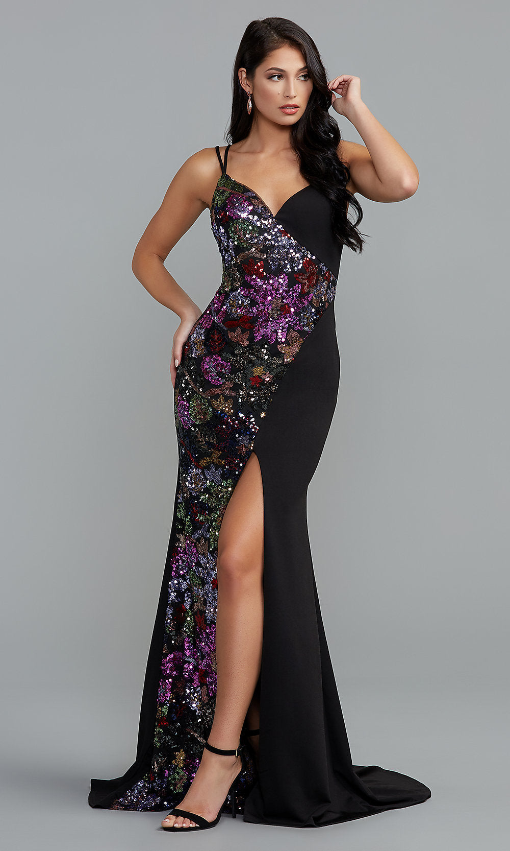 Purple Multi/Black Long Black Prom Dress with Purple Sequin Print