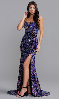 Purple Multi Sequin-Print Long Velvet Formal Dress with Slit