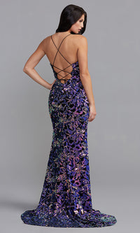 Sequin-Print Long Velvet Formal Dress with Slit