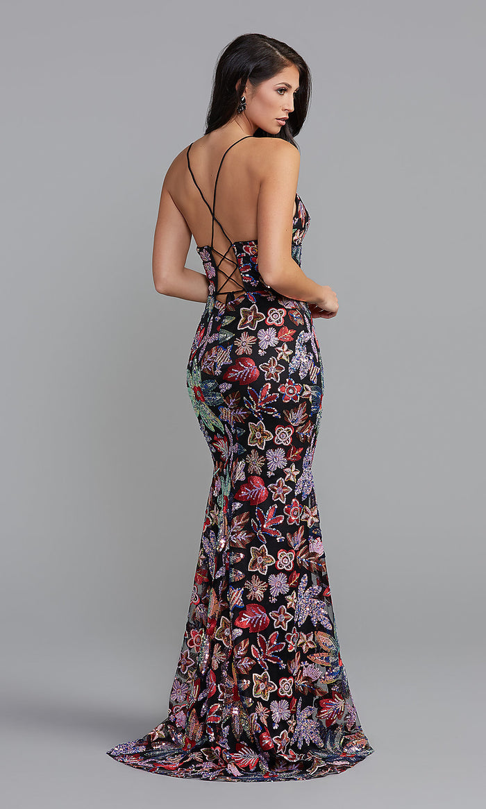  Purple and Red Sequin Floral-Print Long Prom Dress