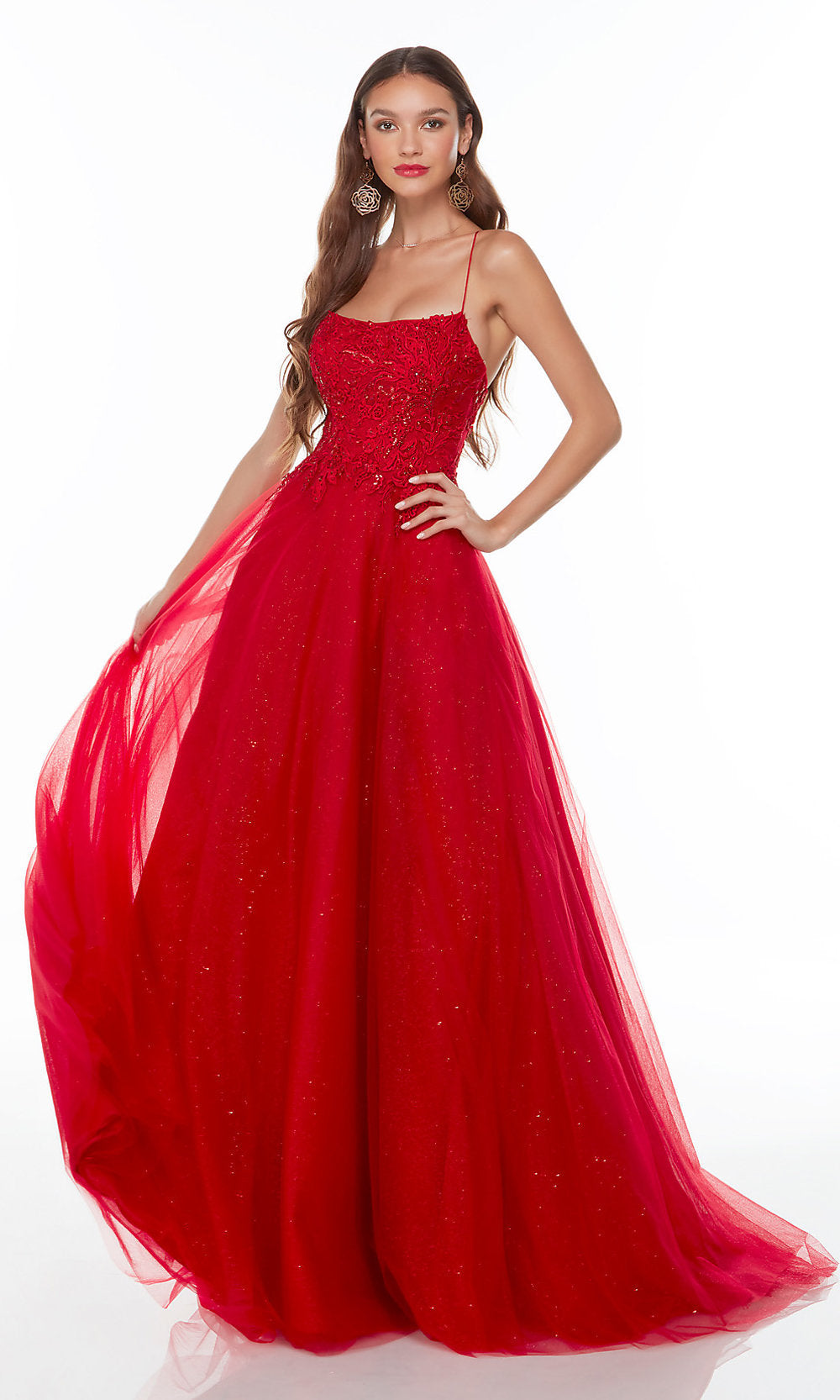 Red Lace-Up-Back Alyce Long Red Glitter Prom Ball Gown