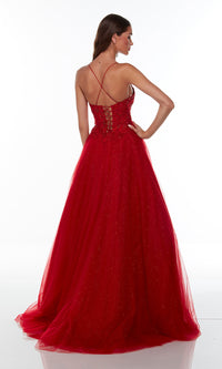  Lace-Up-Back Alyce Long Red Glitter Prom Ball Gown