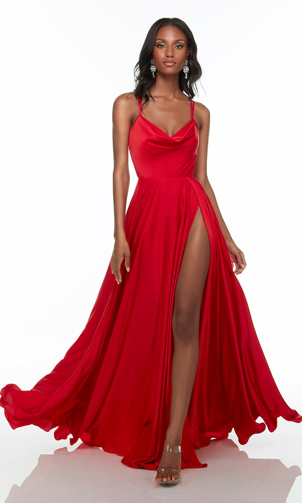 Red Alyce Long Red Prom Dress with Draped V-Neckline