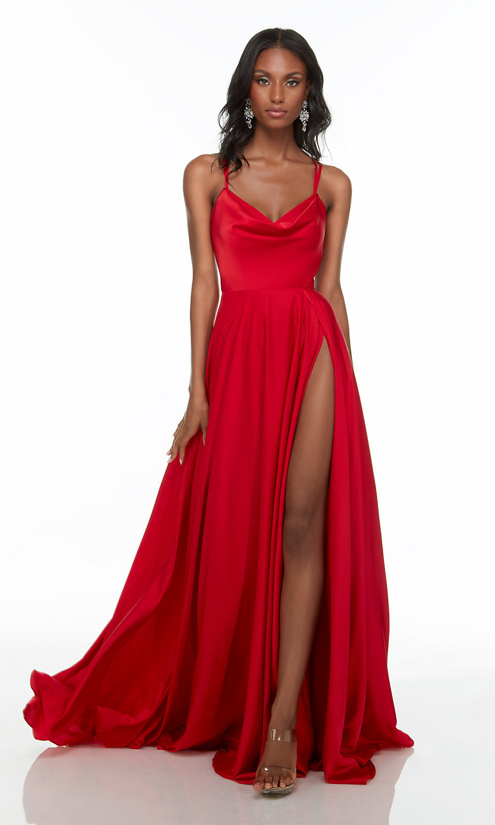 Draped-V-Neck Long Red Prom Dress by
