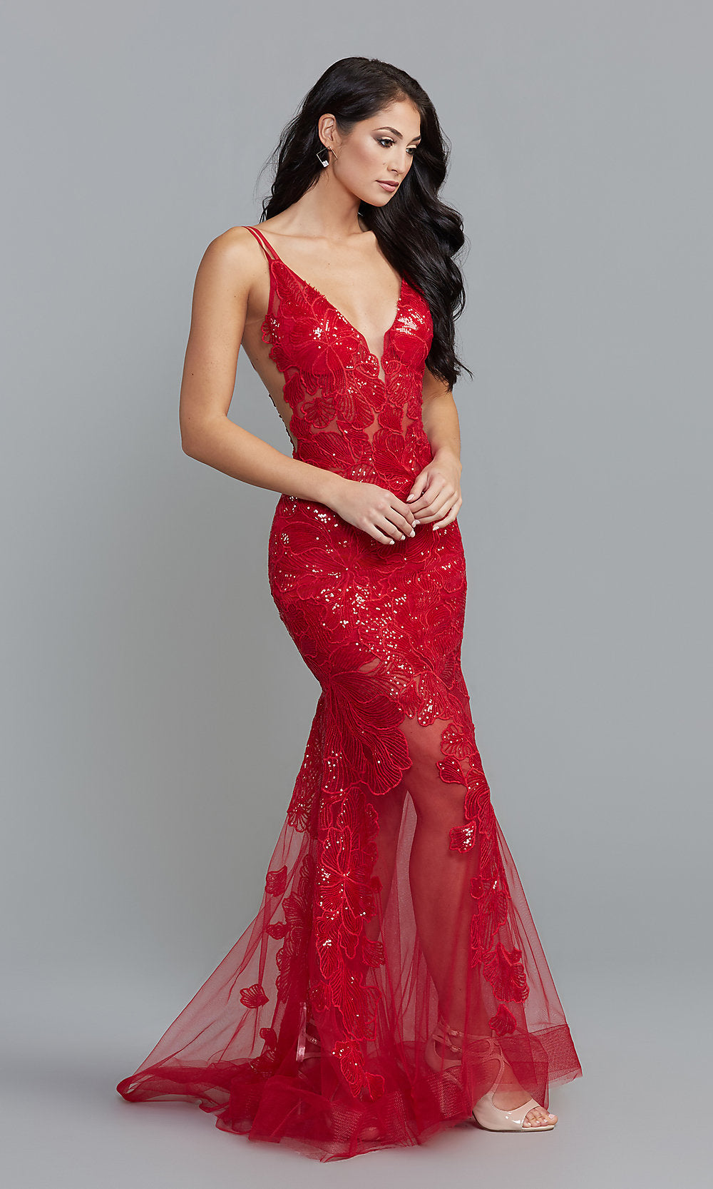 Red Ava Presley Sequin-Embroidered Long Prom Dress