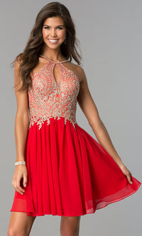 Red Short Homecoming Dress with Beaded High-Neck Bodice