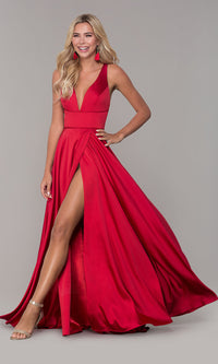 Red Strappy-Back V-Neck Long Red Satin Prom Dress