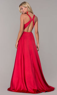  Strappy-Back V-Neck Long Red Satin Prom Dress