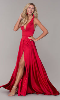  Low V-Neck Long Red Prom Dress by Dave and Johnny