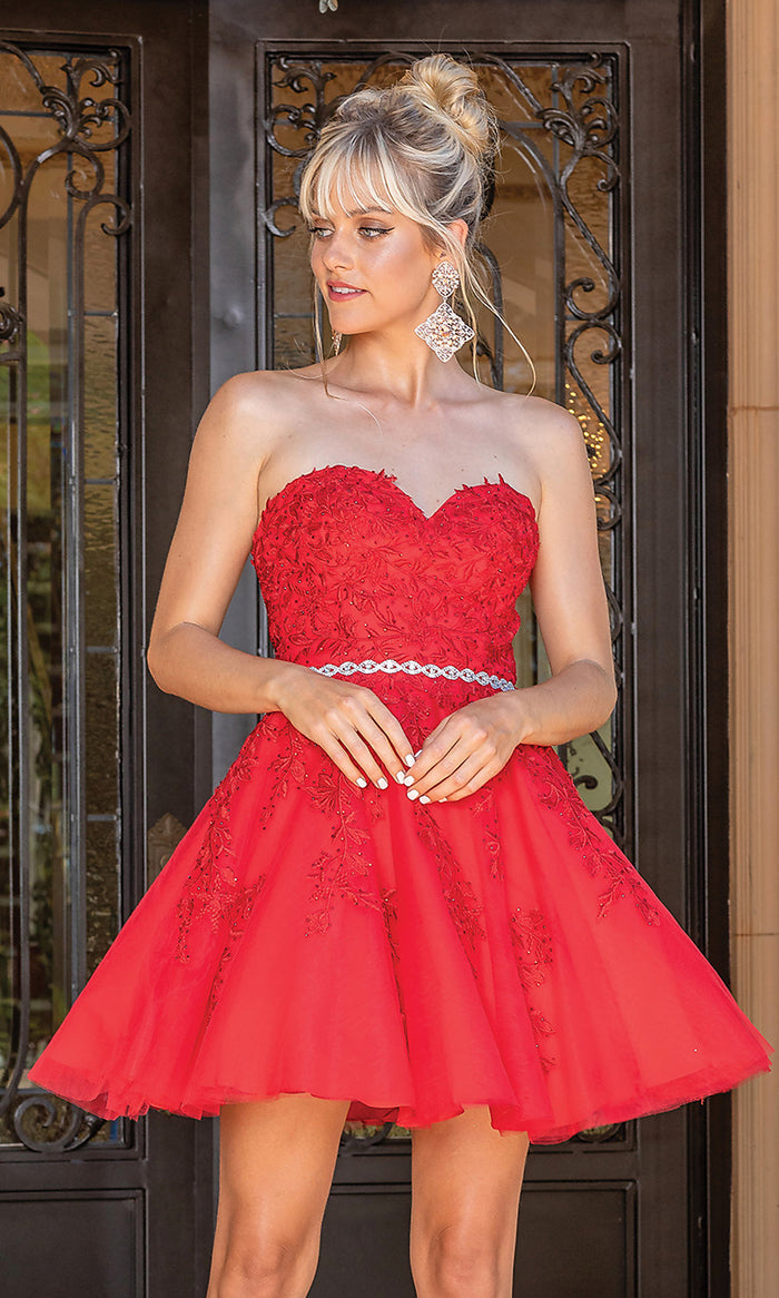Red Beaded-Waist Strapless Short Party Dress