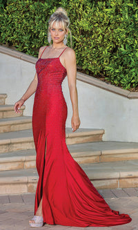 Red Corset-Back Beaded Long Prom Dress with Train