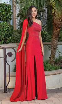 Red Beaded One-Shoulder Long Prom Dress with Cape