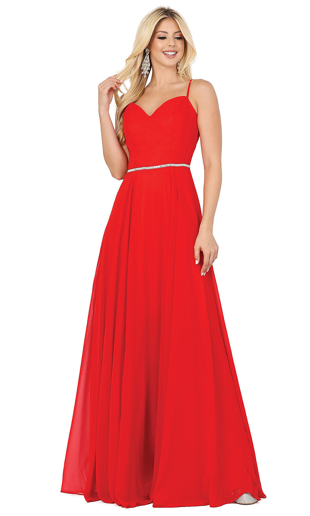 Red Corset-Back A-Line Prom Gown with Beaded Waist
