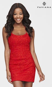 Red Lace-Up-Back Short Faviana Homecoming Dance Dress