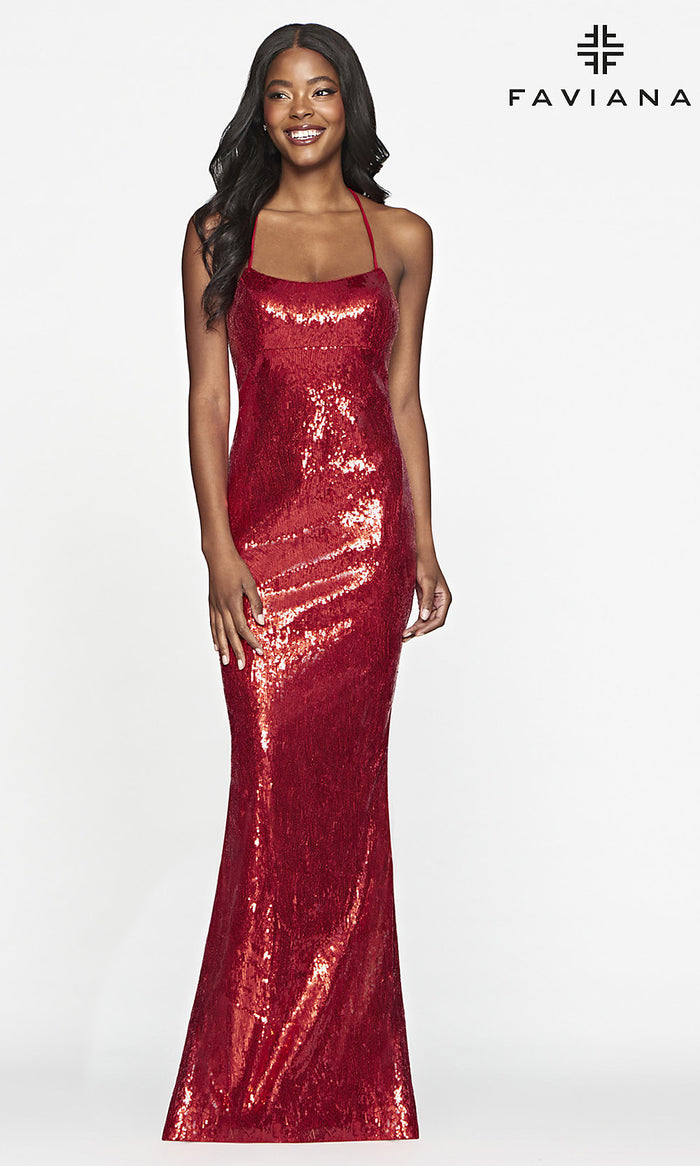 Red Strappy-Back Long Sequin Red Prom Dress by Faviana