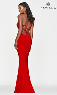  Strappy-Open-Back Long Red Prom Dress by Faviana