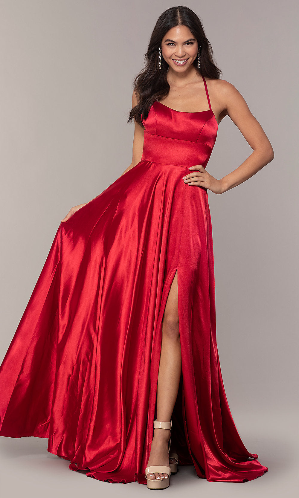 Red Faviana Long Open-Back Satin Formal Dress with Pockets