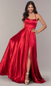 Red Faviana Long Open-Back Satin Formal Dress with Pockets