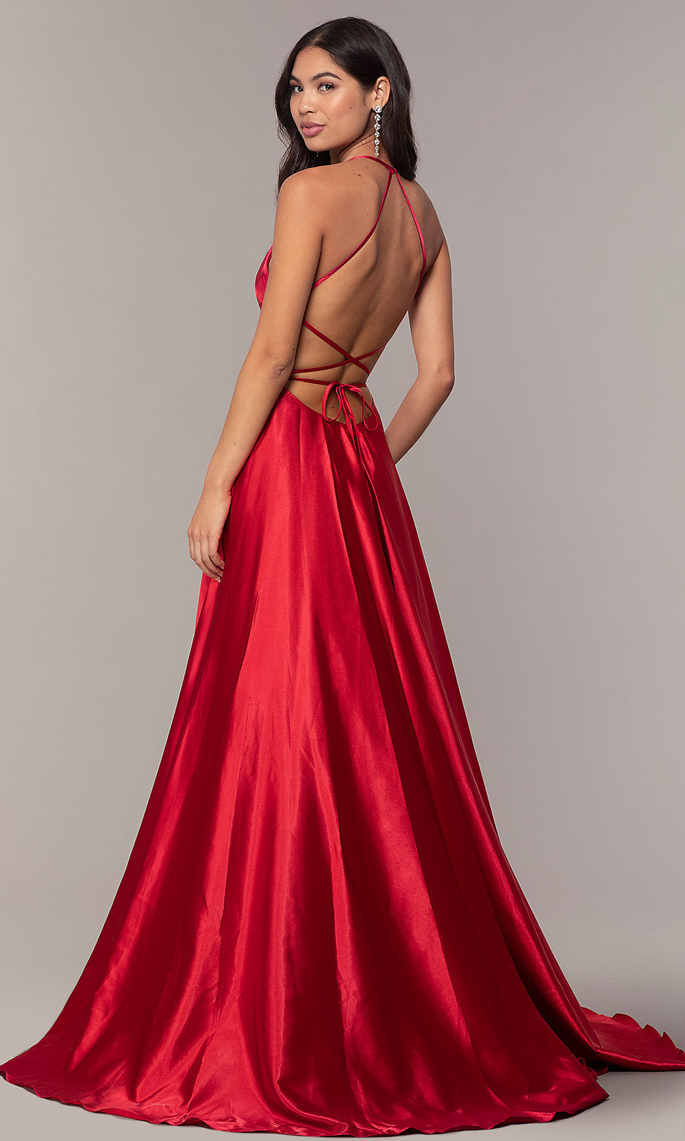  Faviana Long Open-Back Satin Formal Dress with Pockets