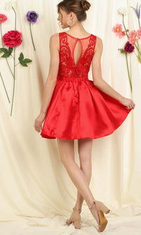 Red Lace-Bodice Short Pleated A-Line Homecoming Dress