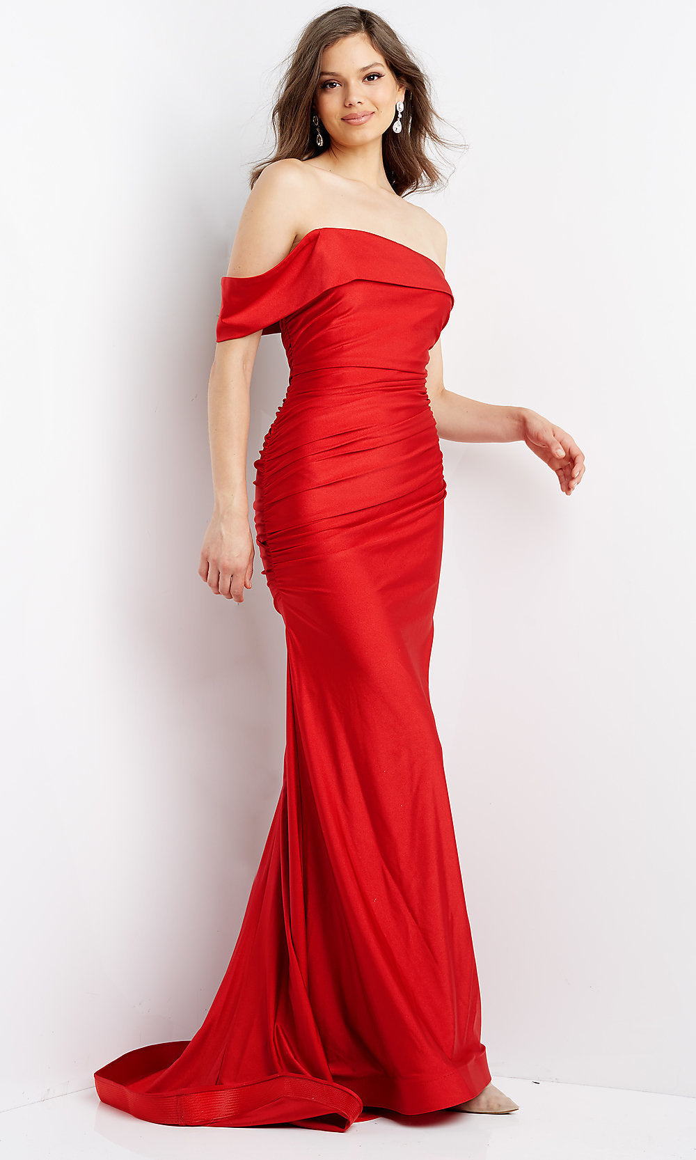 Red Long JVN by Jovani Off-the-Shoulder Red Prom Dress